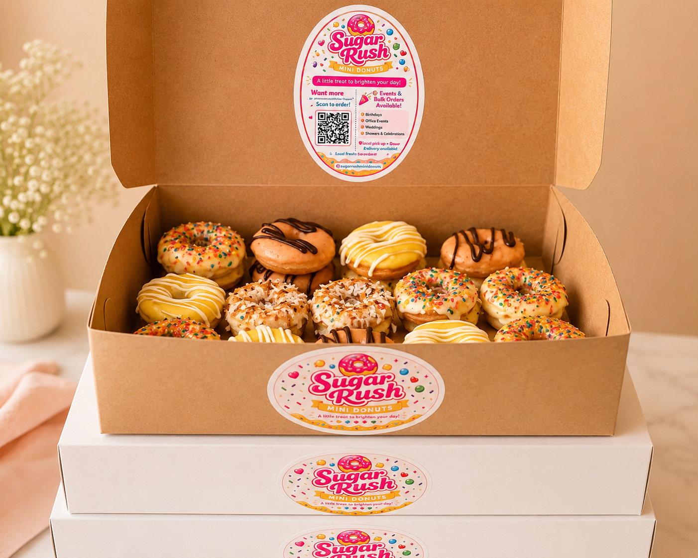 Open Sugar Rush Weekend Box filled with mini donuts