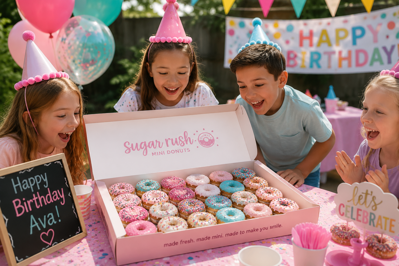 Colorful kids birthday party with custom-color mini donuts