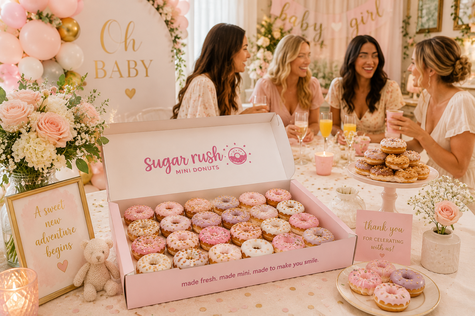 Soft pink baby shower dessert table with mini donuts