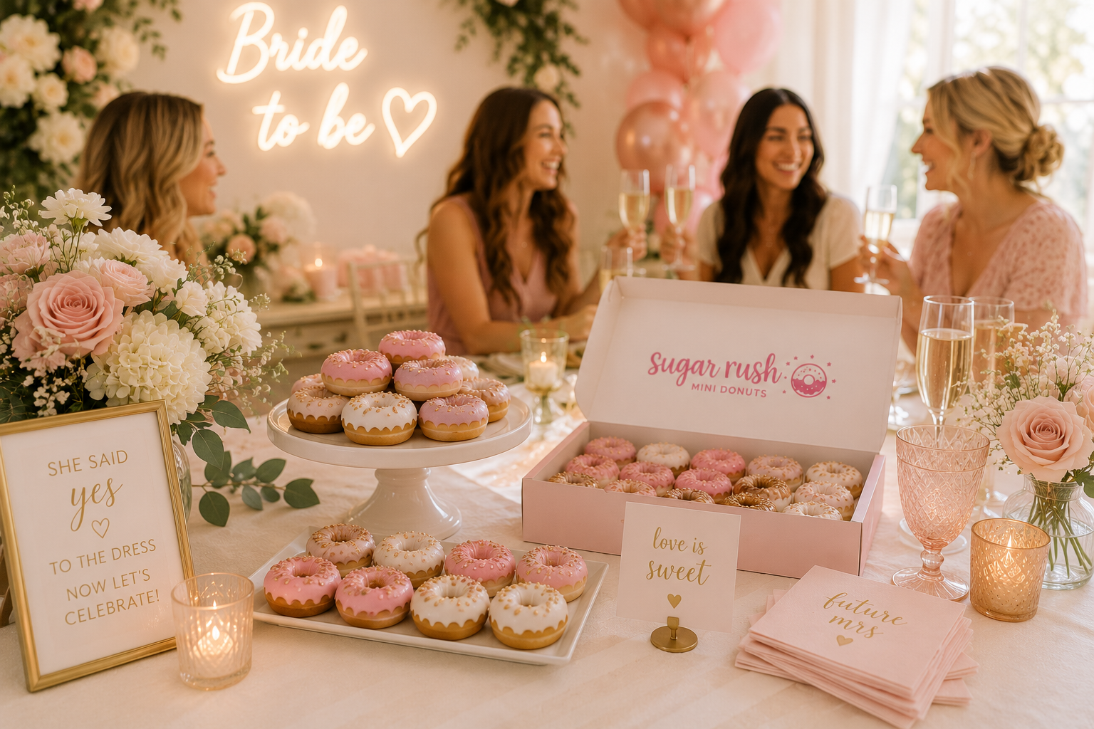 Elegant bridal shower with pink and white mini donuts