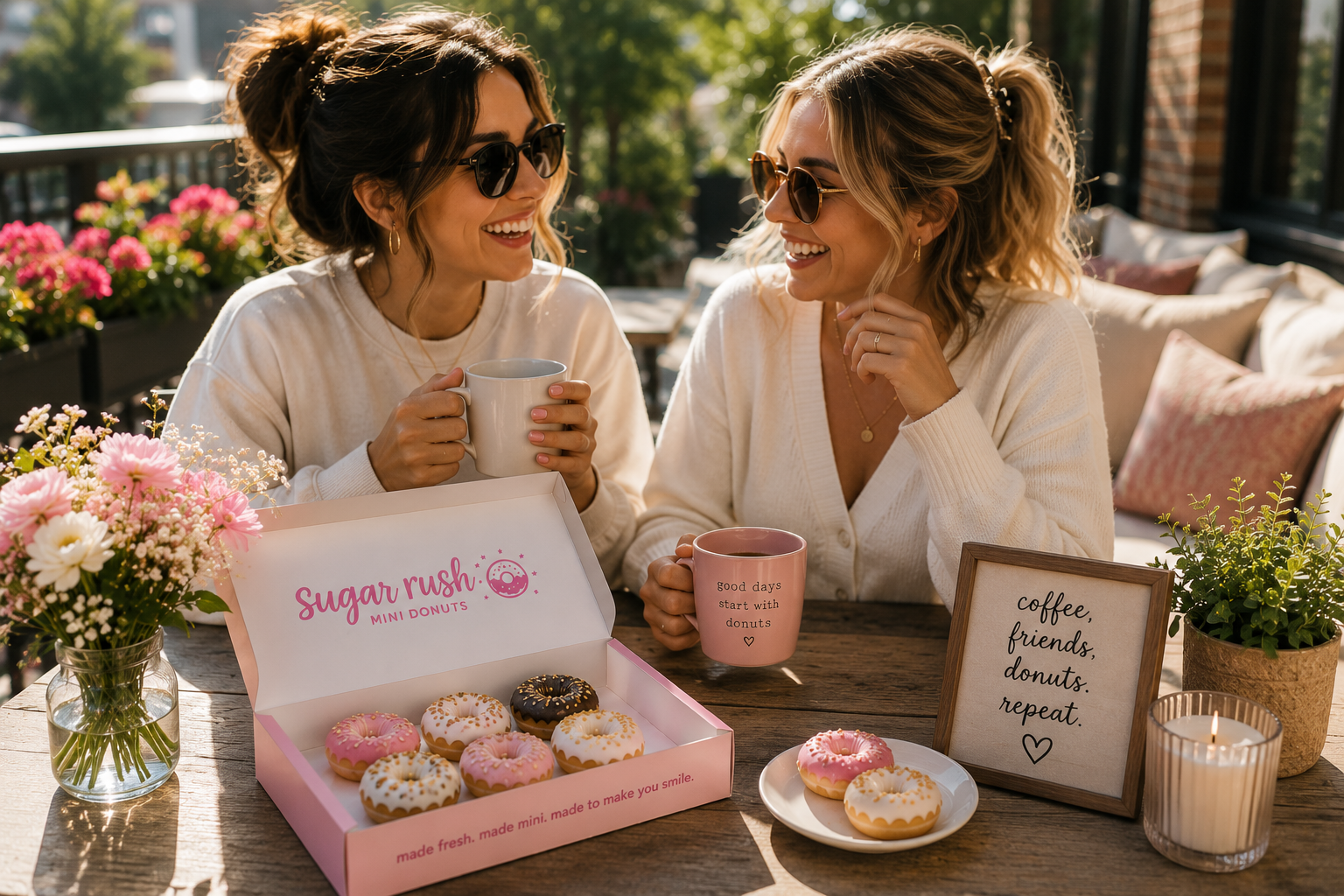 Friends sharing coffee and mini donuts together