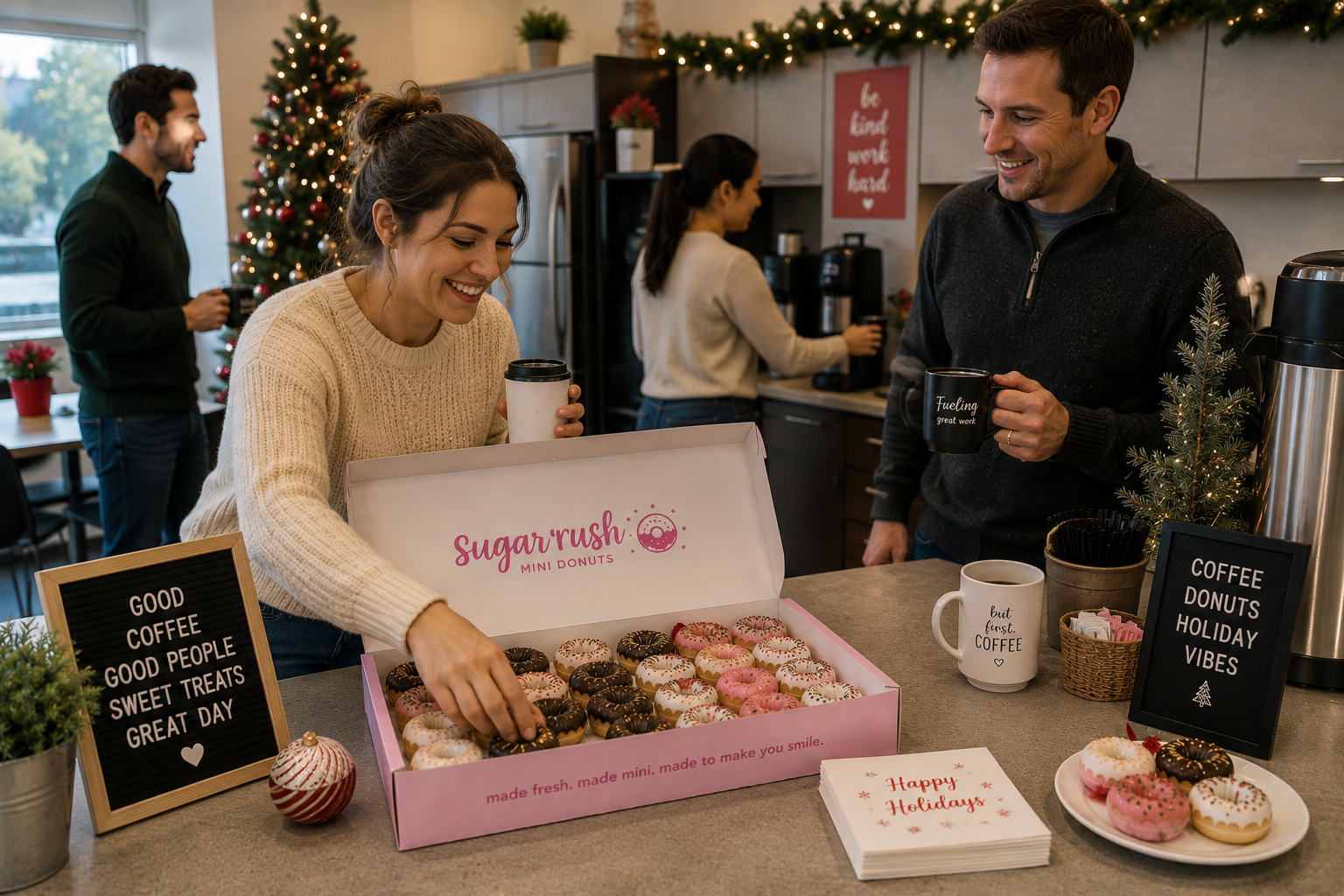 Coworkers enjoying mini donuts during an office holiday celebration