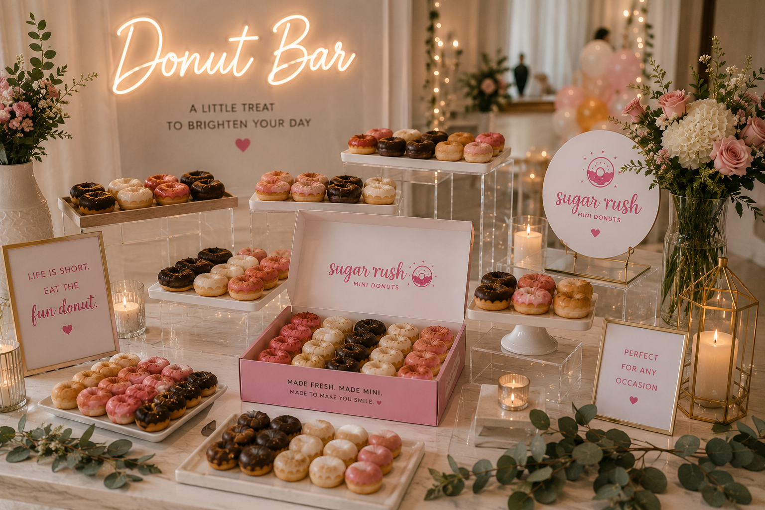 Sugar Rush Donut Bar with mini donuts displayed buffet style